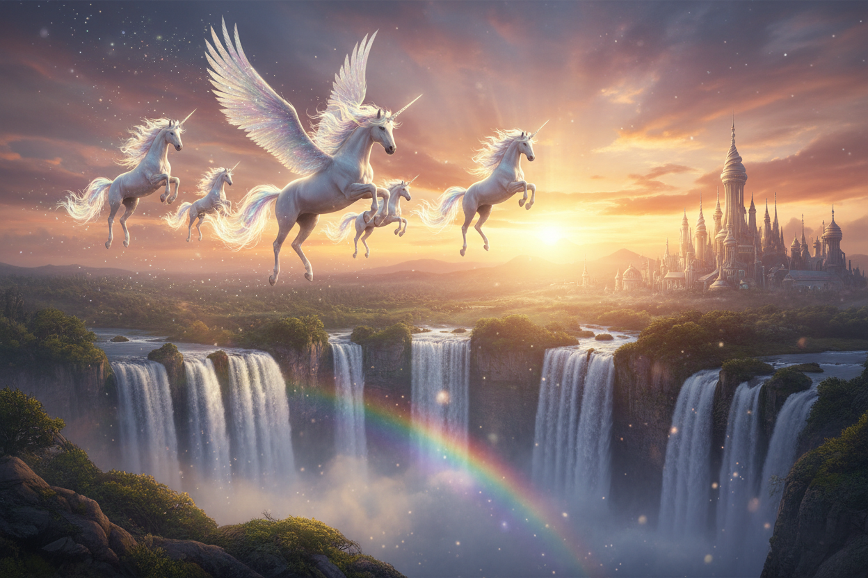 creat a beautiful image of unicorns flying in a kingdom with a beautiful sunset in the bacgroungs and some water falls 